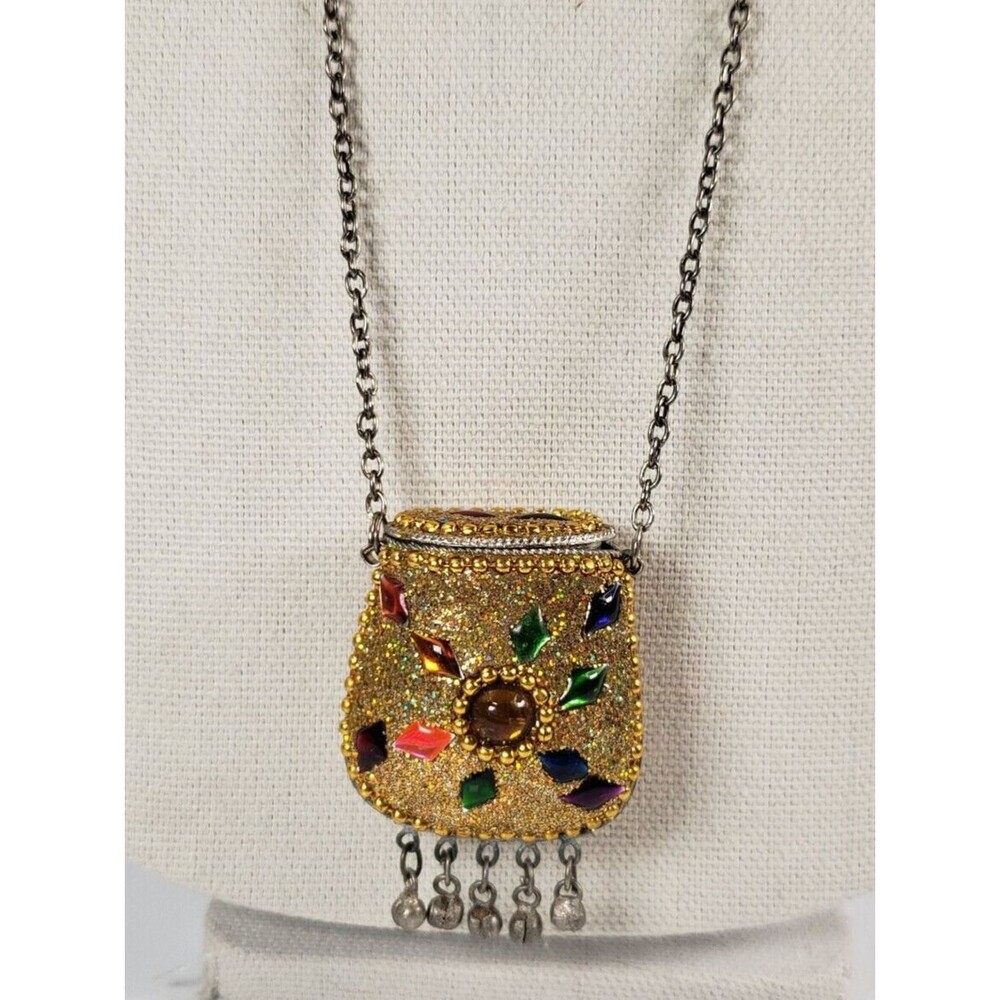 Vintage Tibetan Metal Cash Pill Stash Pouch Gold Amulet Tincture Dangler Chain